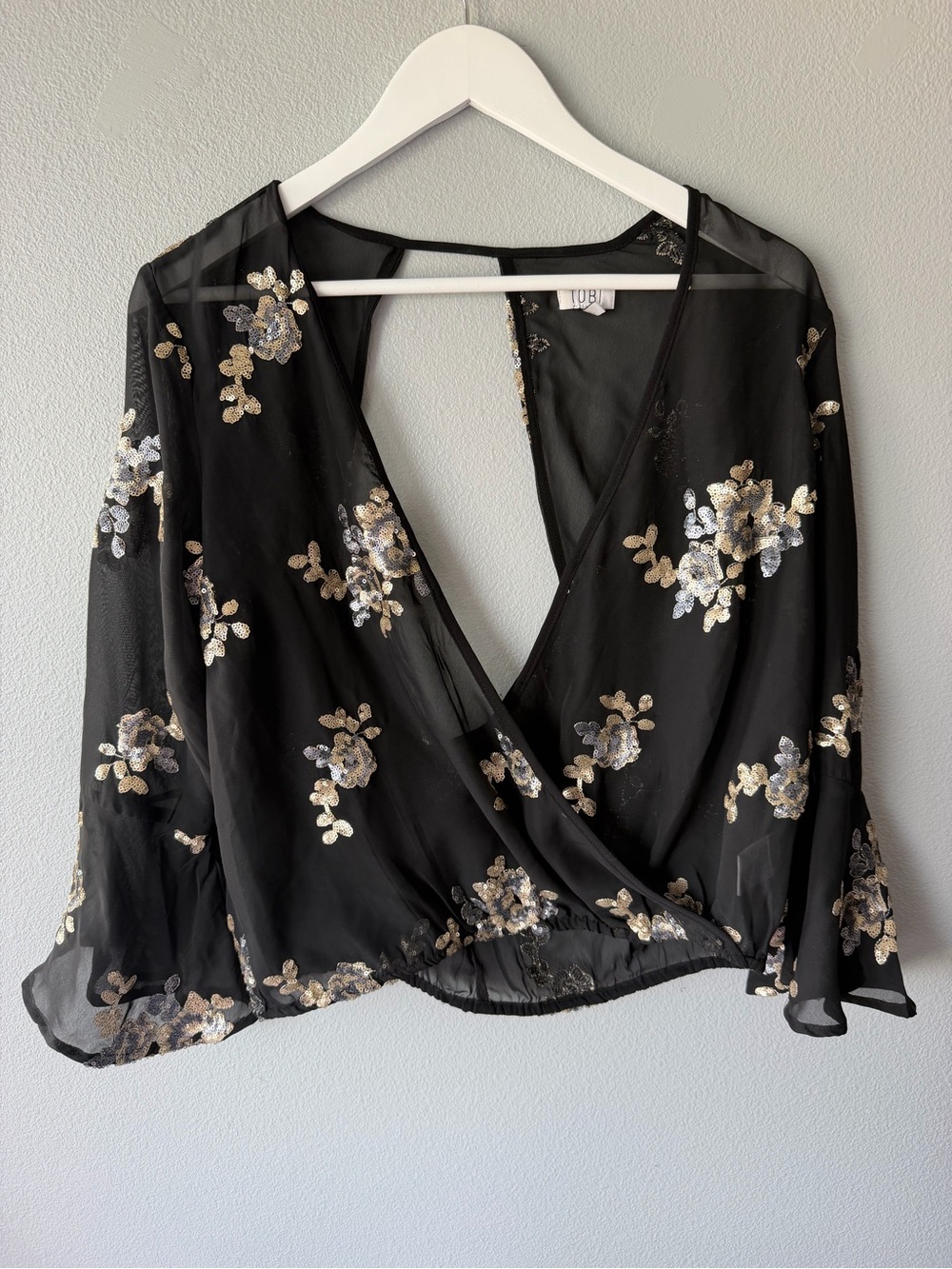 Tobi black sheer sequined cropped open back faux wrap blouse Women’s size M